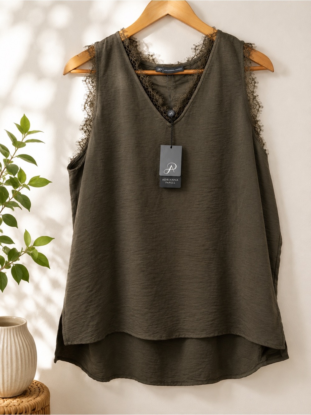 Adrianna Papell Olive Lace-Trim V-Neck Layered Hem Camisole Size L